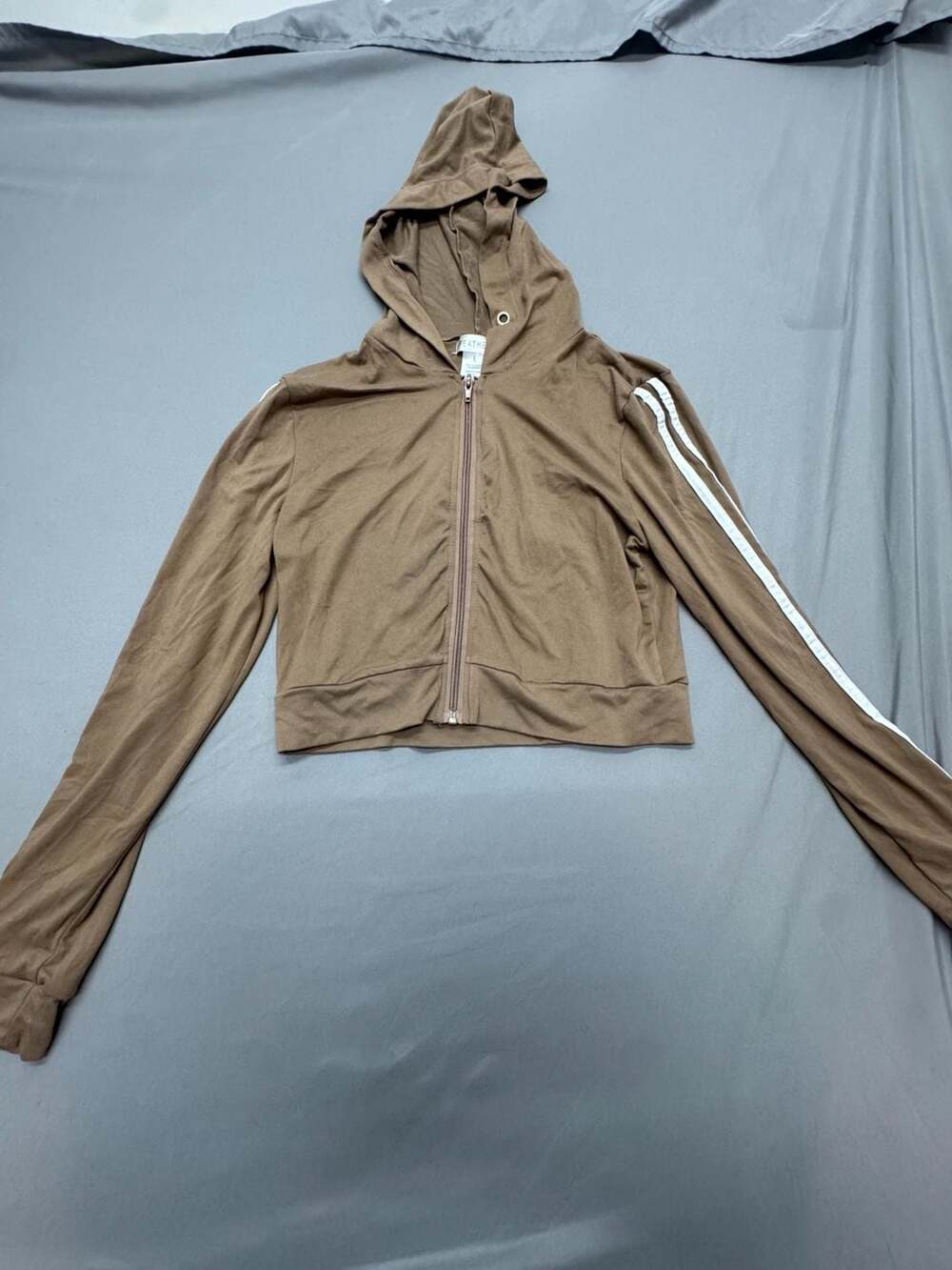 Feathers Cropped Zip Hoodie Size L Brown Striped Sleeves